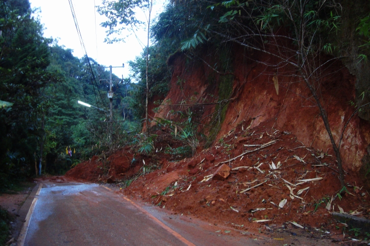 Mud slide blocking the road in Mae Kompong